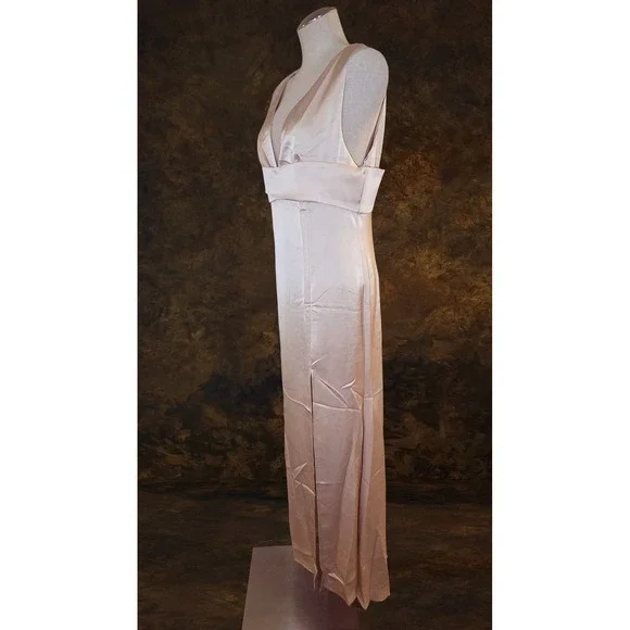 FEHAUTE Light Pink Satin V-Neck Sleeveless Maxi Dress with Side Slit Size 8
